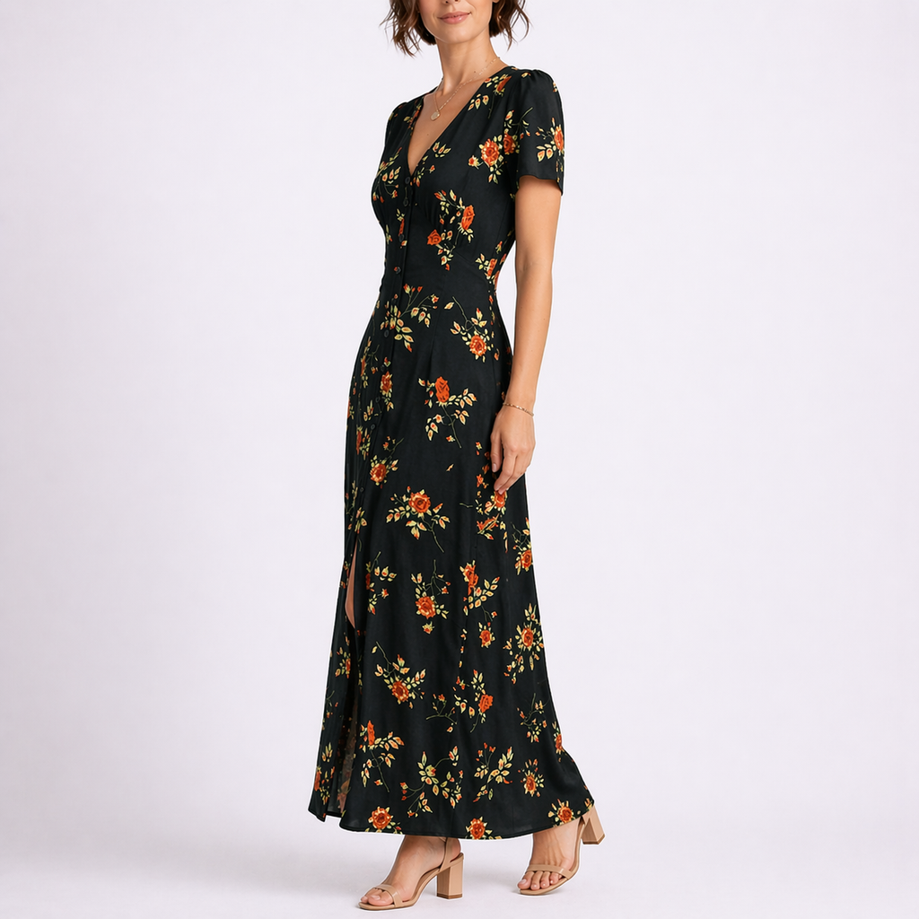 Women's Floral Maxi Dress with V Neck and Front Slit