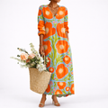 Women's Floral Maxi Dress with V Neck and Long Sleeves