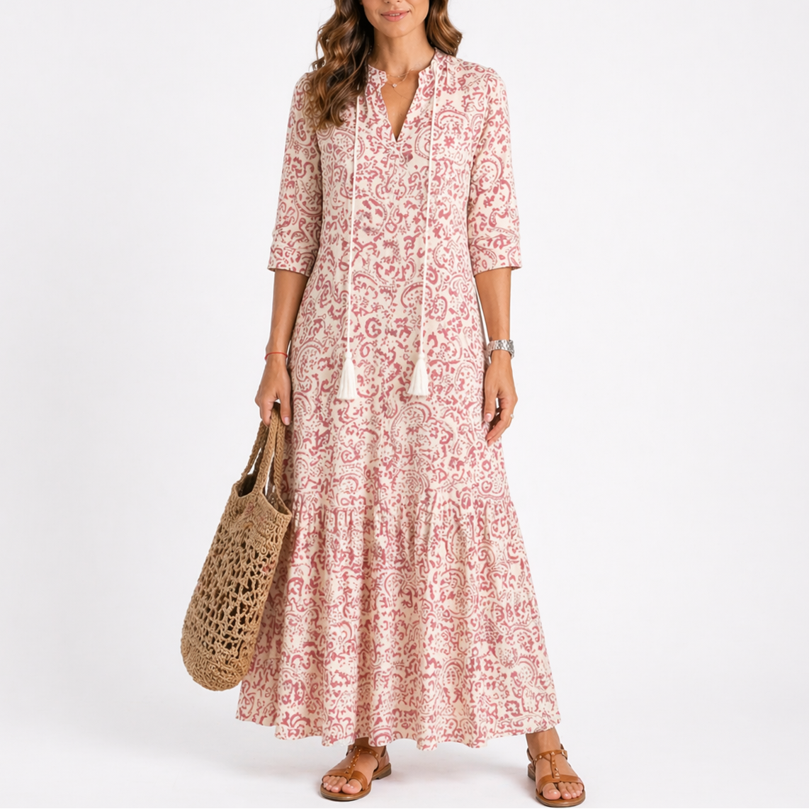 Robe maxi imprimée pour femme avec col à nouer à pompons