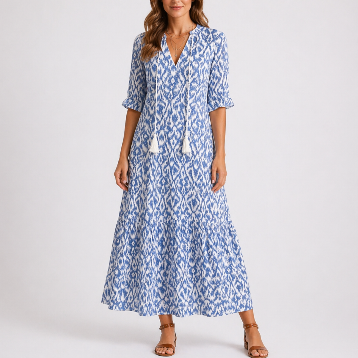 Maxikleid für Damen mit Print und Quastenbändern am Hals
