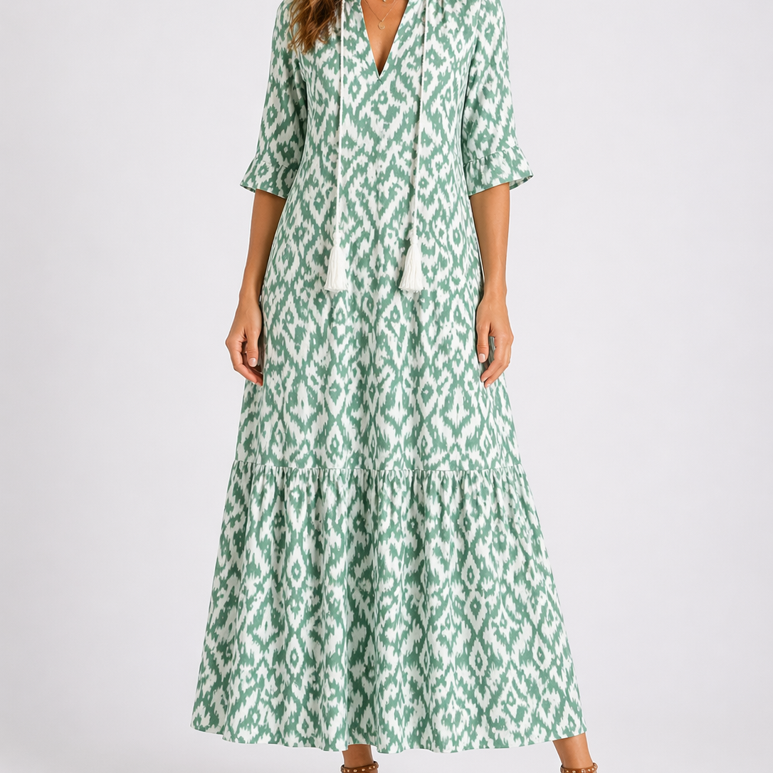 Robe maxi imprimée pour femme avec col à nouer à pompons