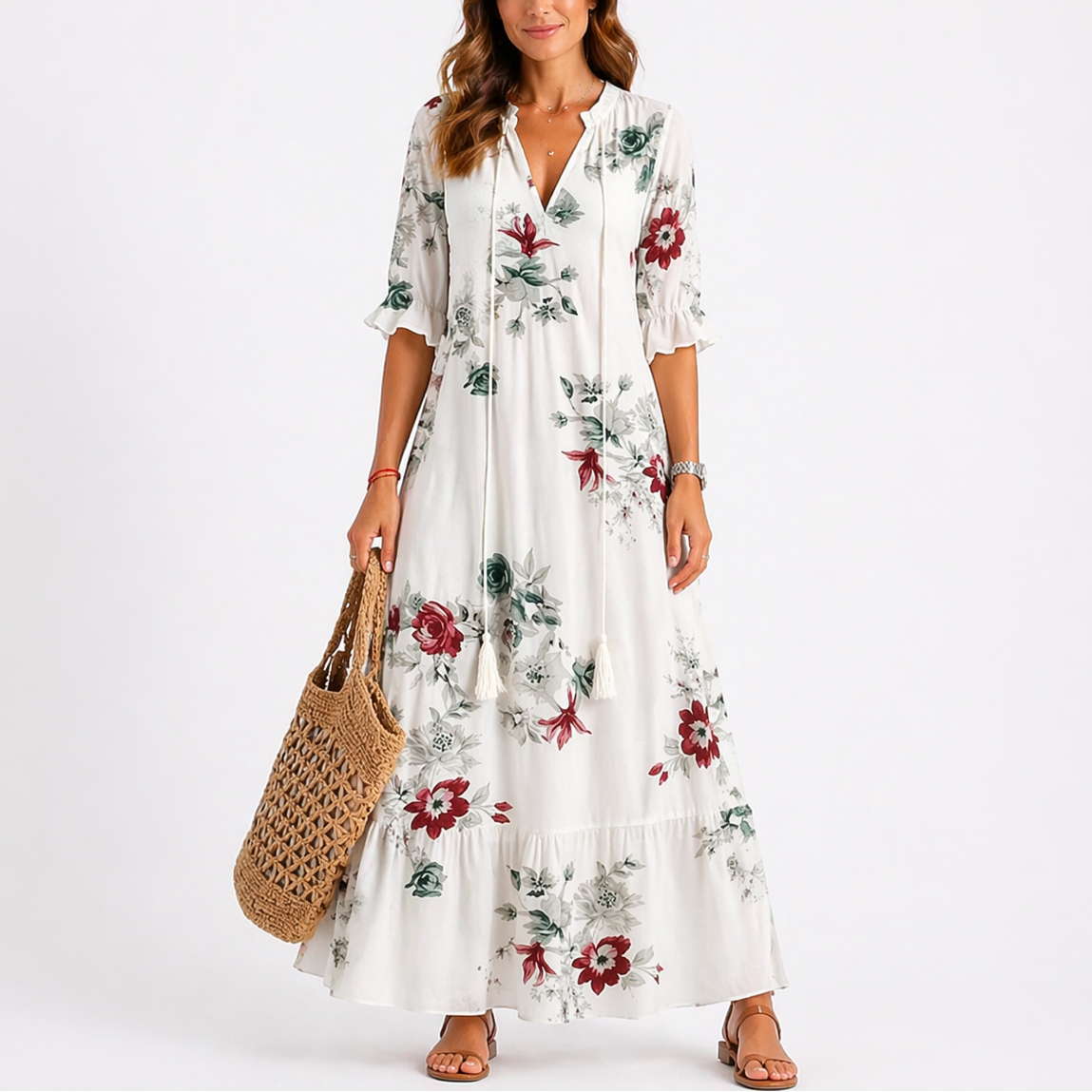 Robe maxi imprimée pour femme avec col à nouer à pompons