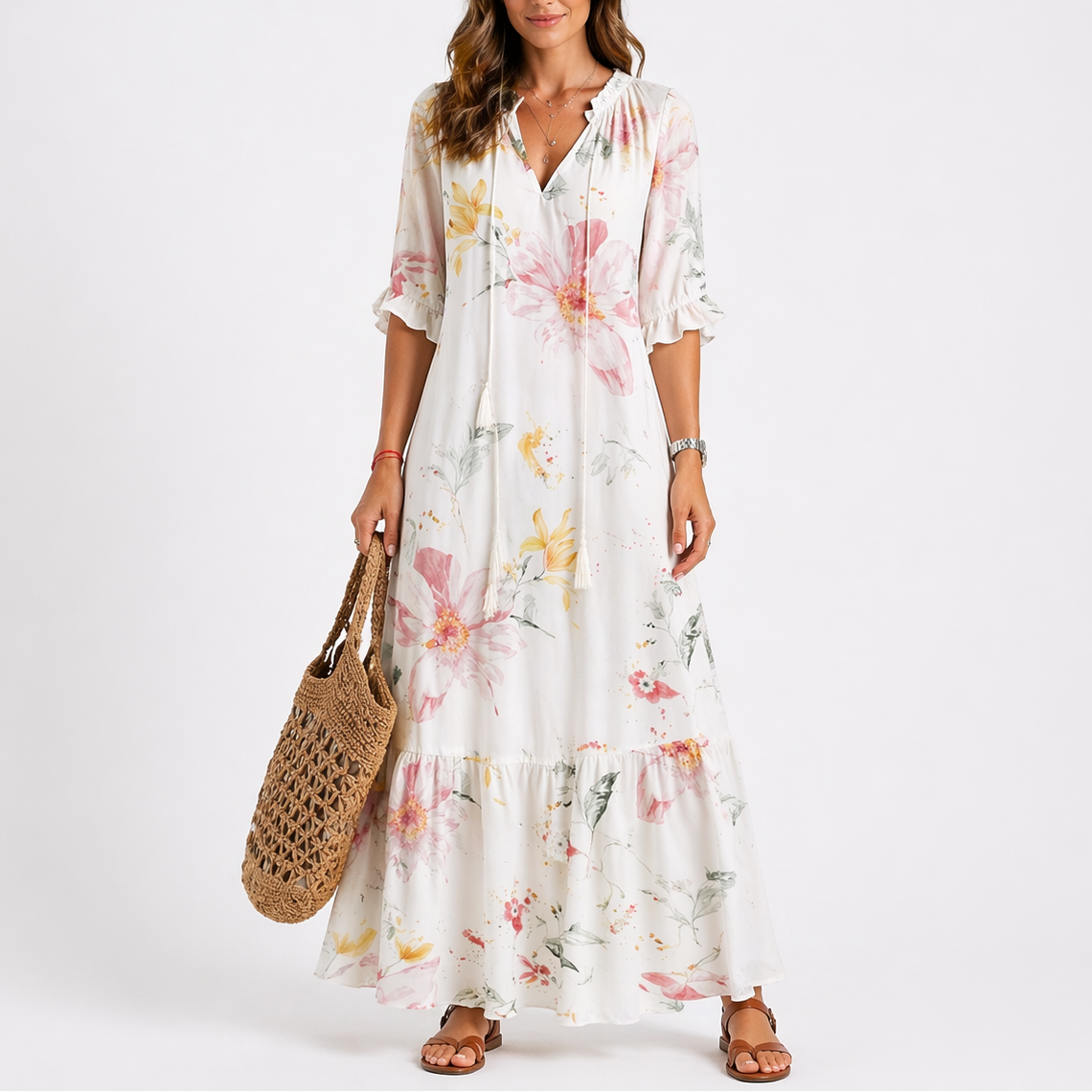 Robe maxi imprimée pour femme avec col à nouer à pompons