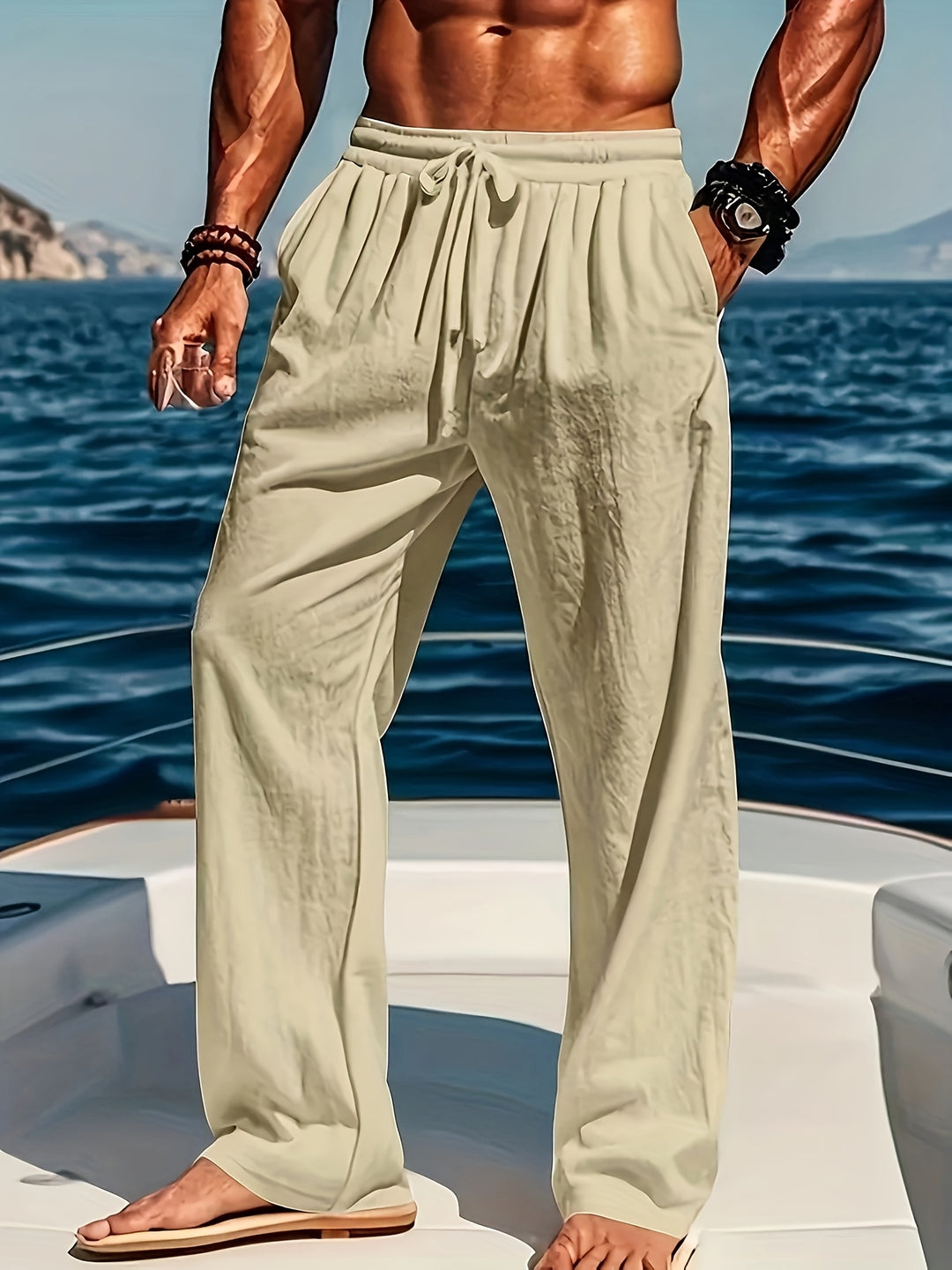 Mens Linen Trousers with Drawstring Waist Relaxed Fit Breathable Summer Style