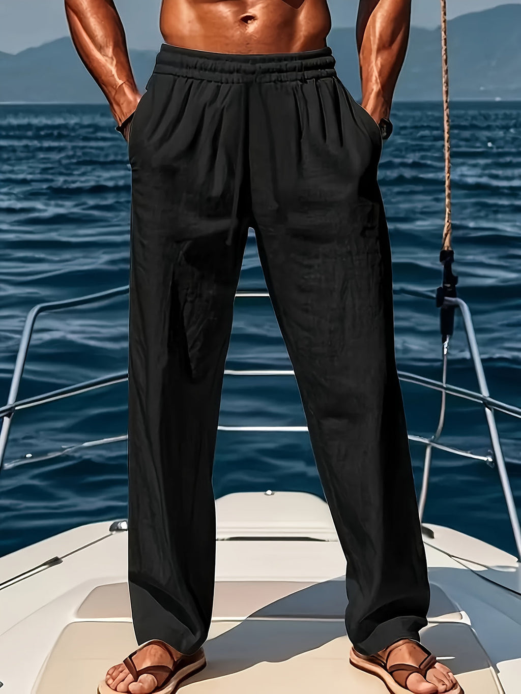 Herren Leinenhose mit Kordelzug Lockerer Schnitt Atmungsaktiv Sommerstil