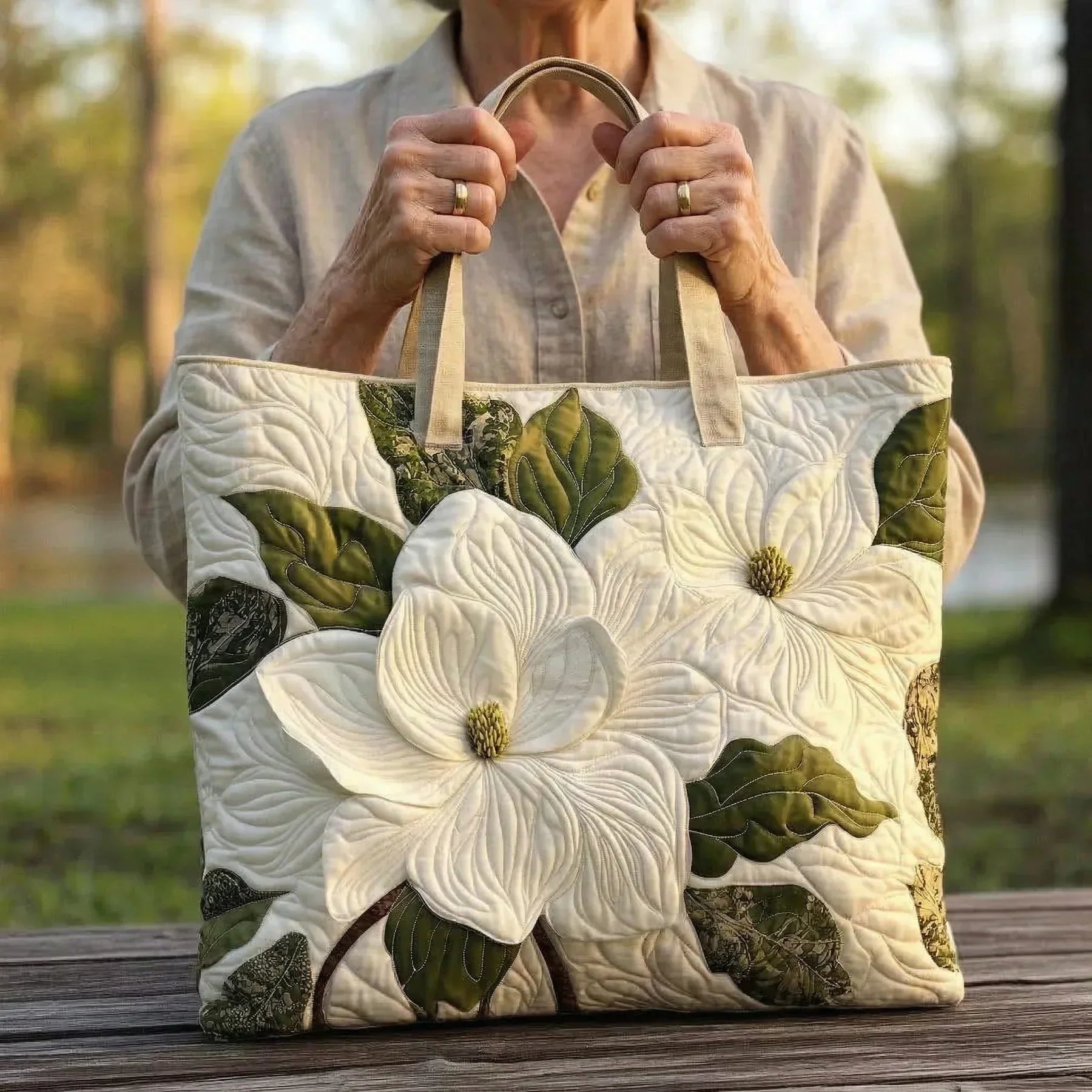 Bolso tote acolchado para mujer con diseño de jardín de magnolias