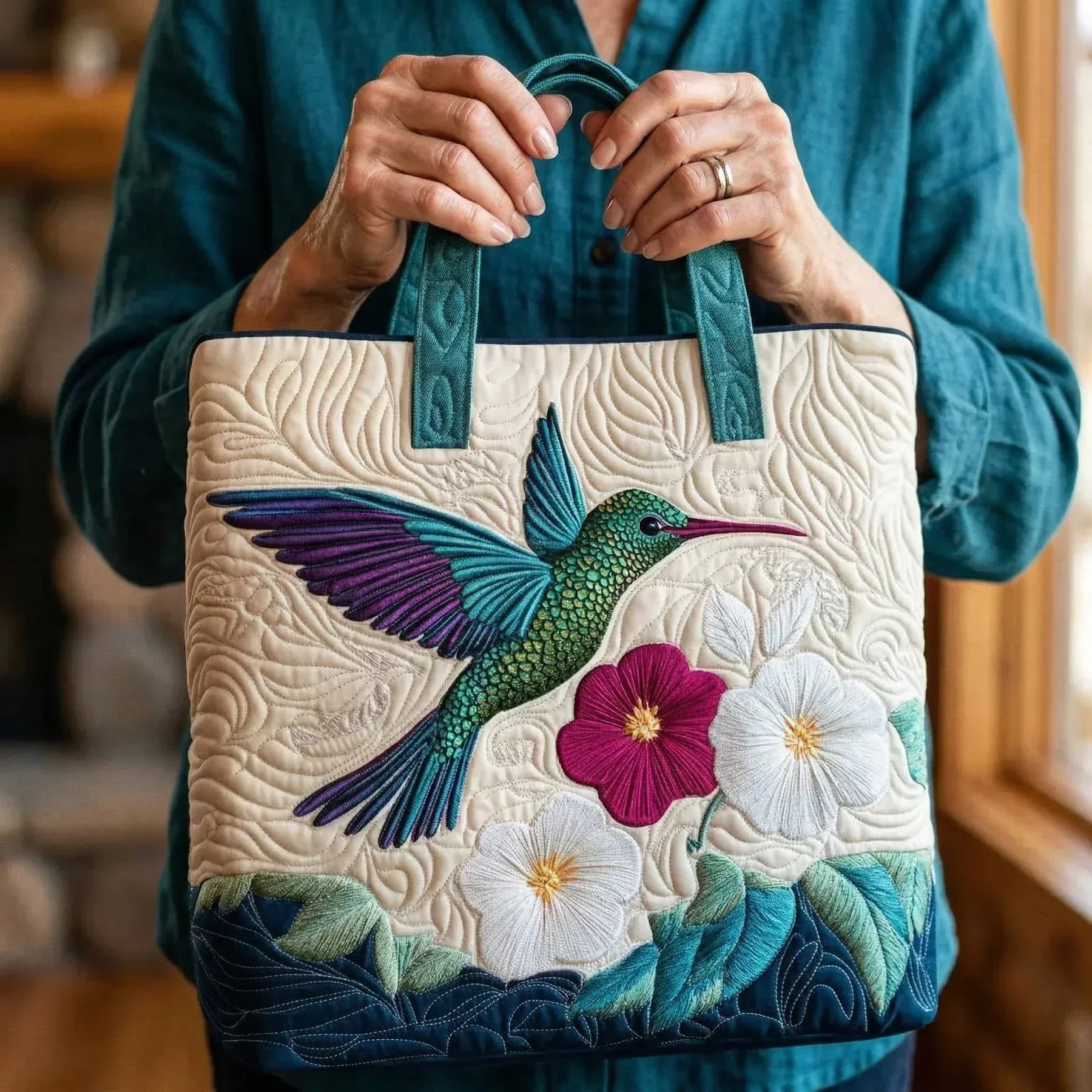 Bolso tote acolchado para mujer con colibrí