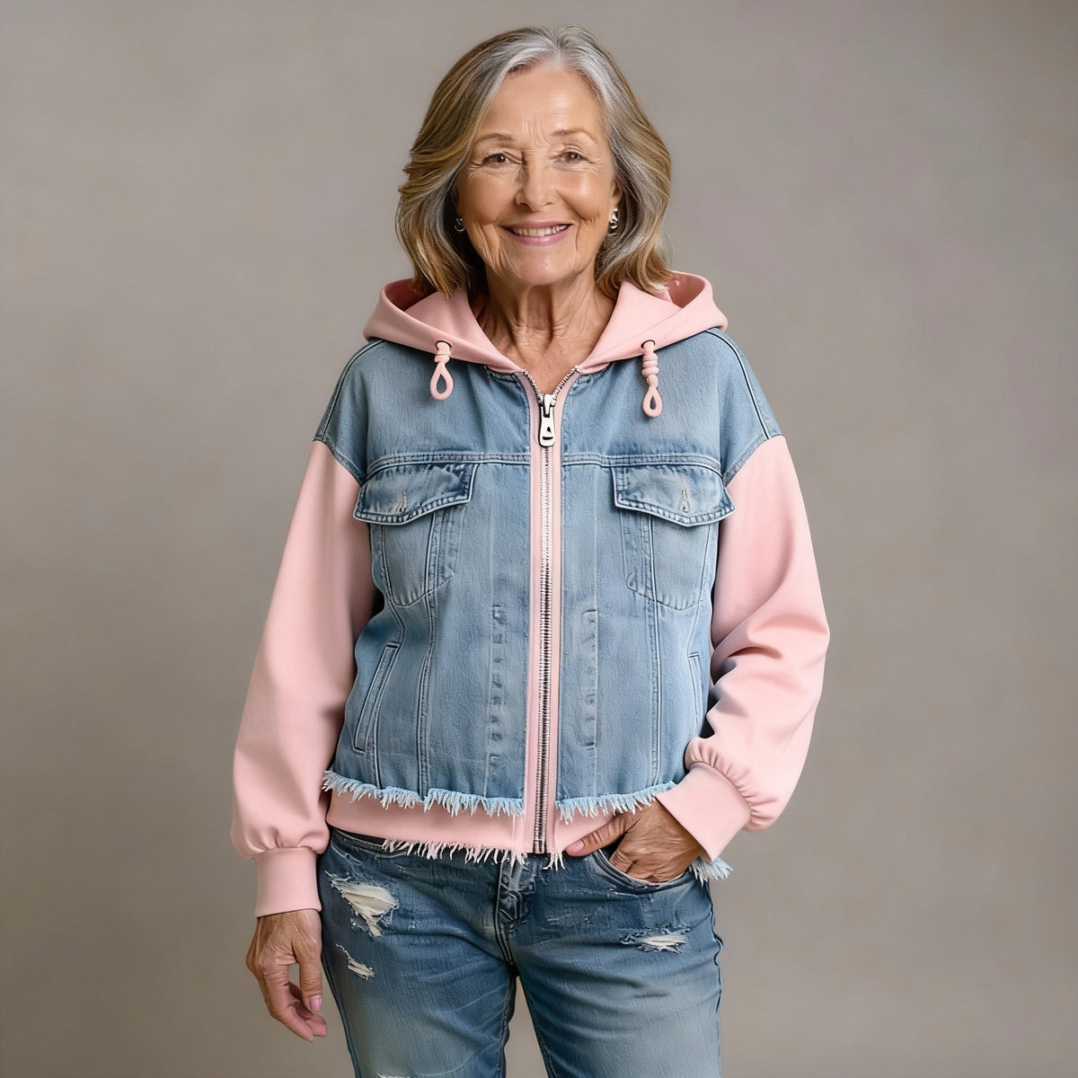 Women's Denim Jacket with Contrasting Sleeves