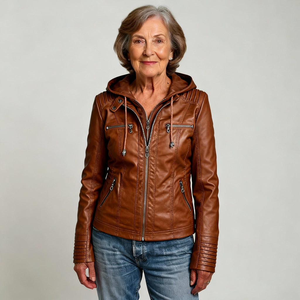 Women's Hooded Faux Leather Zip-Up Jacket