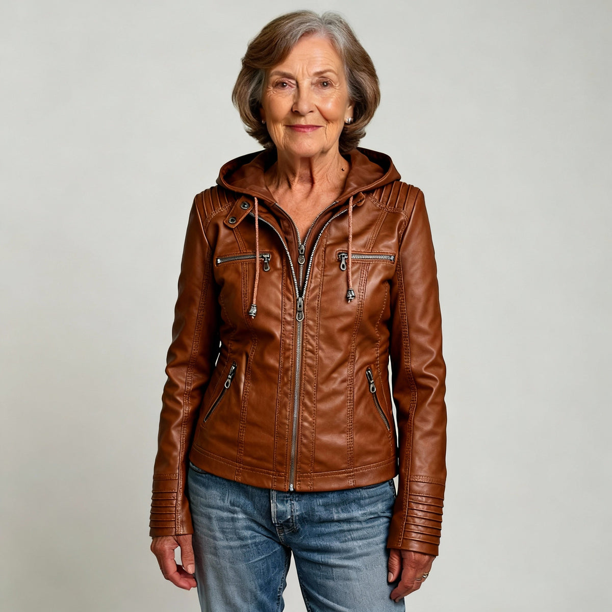 Women's Hooded Faux Leather Zip-Up Jacket