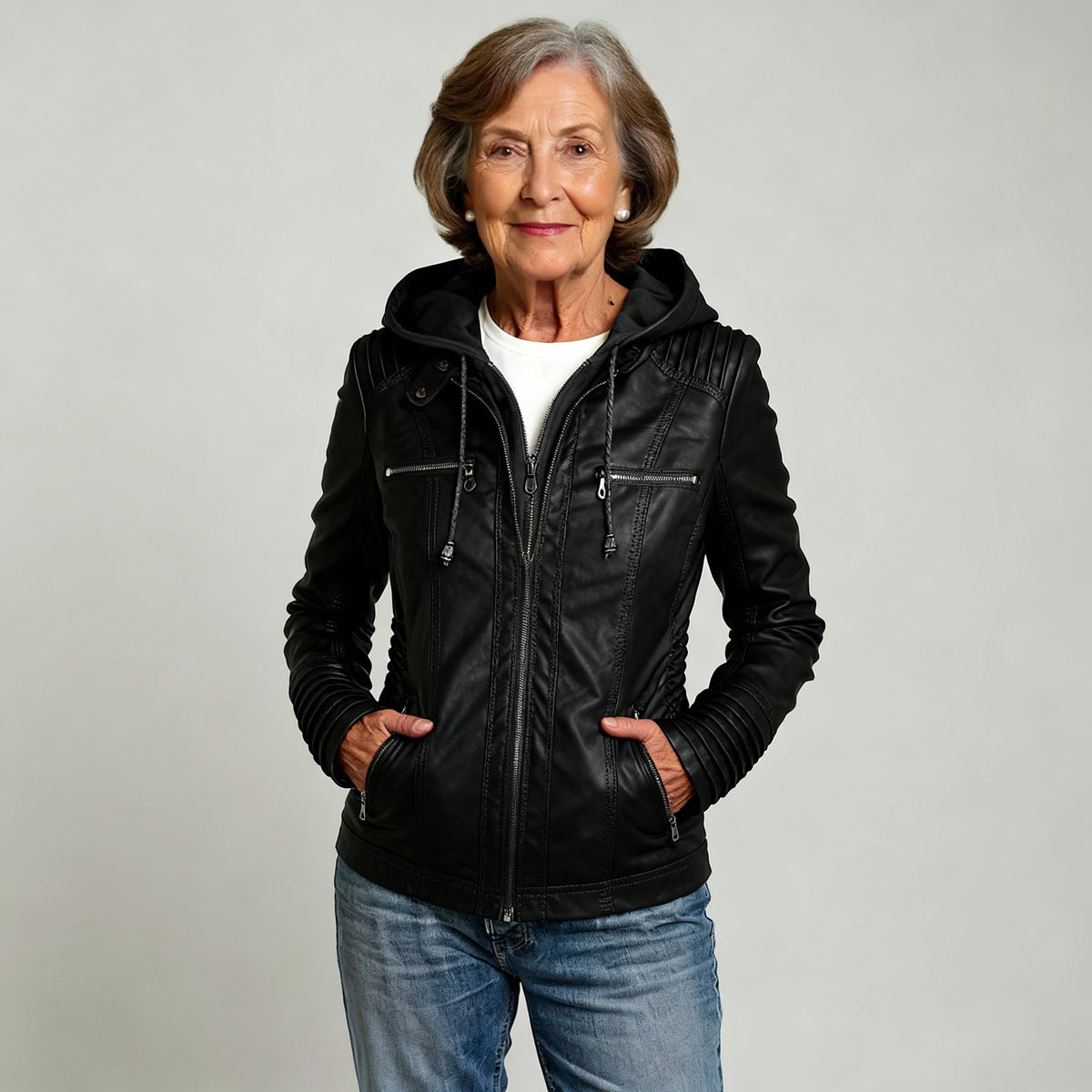 Women's Hooded Faux Leather Zip-Up Jacket