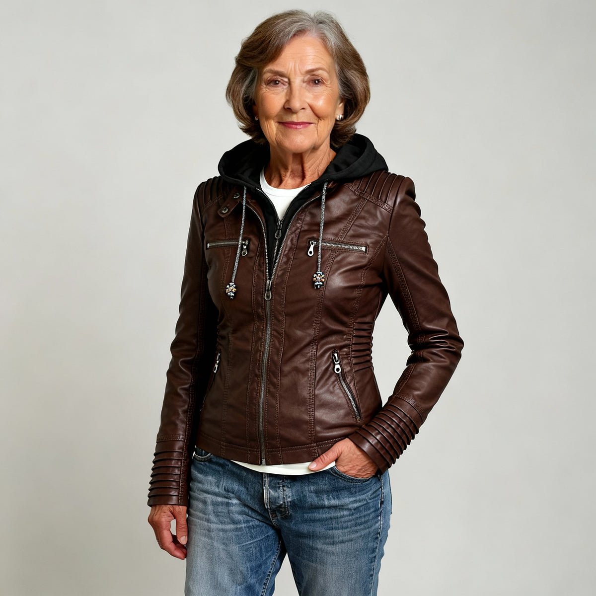 Women's Hooded Faux Leather Zip-Up Jacket