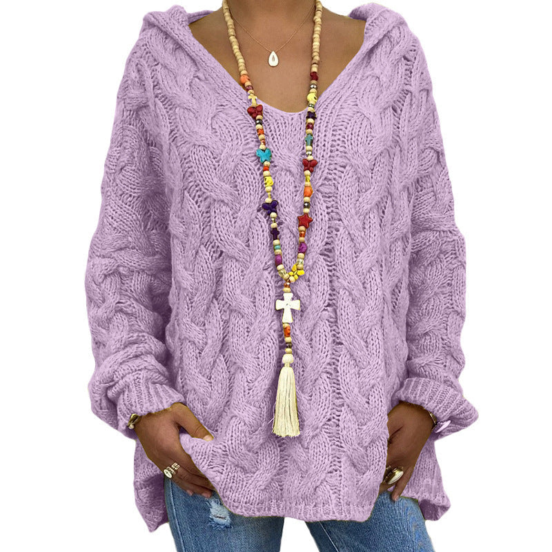 Pull à capuche pour femme en maille torsadée