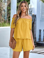 Stylisches Damen-Zweiteiler-Set mit schulterfreiem Design und Shorts für mühelosen Sommerkomfort und trendige Looks
