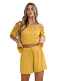 Stylisches Damen-Zweiteiler-Set mit schulterfreiem Design und Shorts für mühelosen Sommerkomfort und trendige Looks
