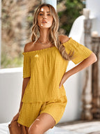 Stylisches Damen-Zweiteiler-Set mit schulterfreiem Design und Shorts für mühelosen Sommerkomfort und trendige Looks