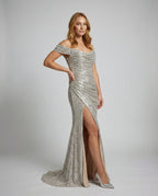 Damen-Abendkleid mit Pailletten, schulterfreiem Ausschnitt und drapierter Silhouette