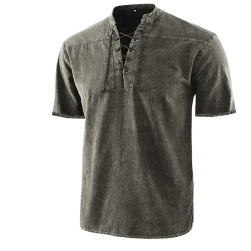Men's Tie-Dye V-Neck Shirt with Drawstring Detail and Relaxed Fit for Casual Wear