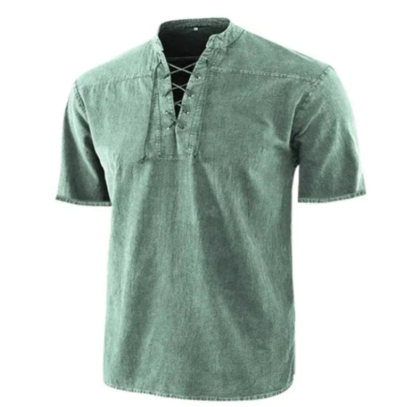 Men's Tie-Dye V-Neck Shirt with Drawstring Detail and Relaxed Fit for Casual Wear