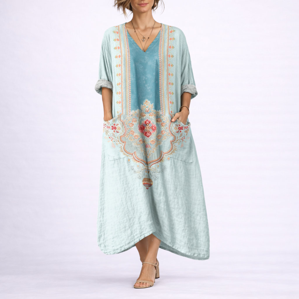 Maxikleid für Damen im Boho-Stil mit Paisley-Muster, V-Ausschnitt, dekorativen Knöpfen und Seitentaschen