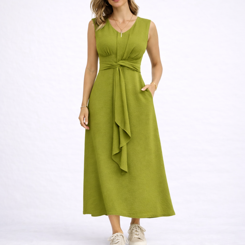 Ärmelloses Maxikleid für Damen mit gedrehtem Taillenband, drapiertem Frontknoten und schmeichelhaftem V-Ausschnitt