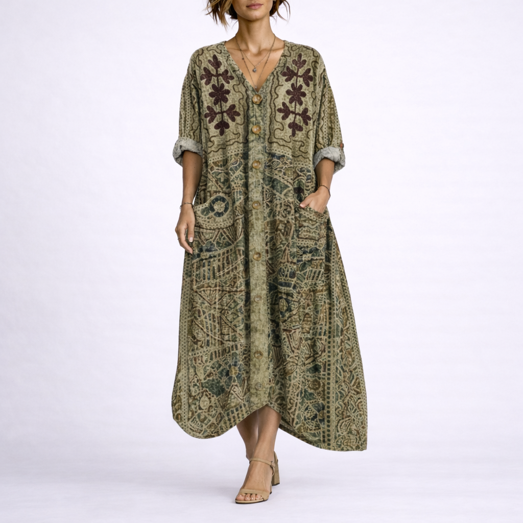 Maxikleid für Damen im Boho-Stil mit Paisley-Muster, V-Ausschnitt, dekorativen Knöpfen und Seitentaschen