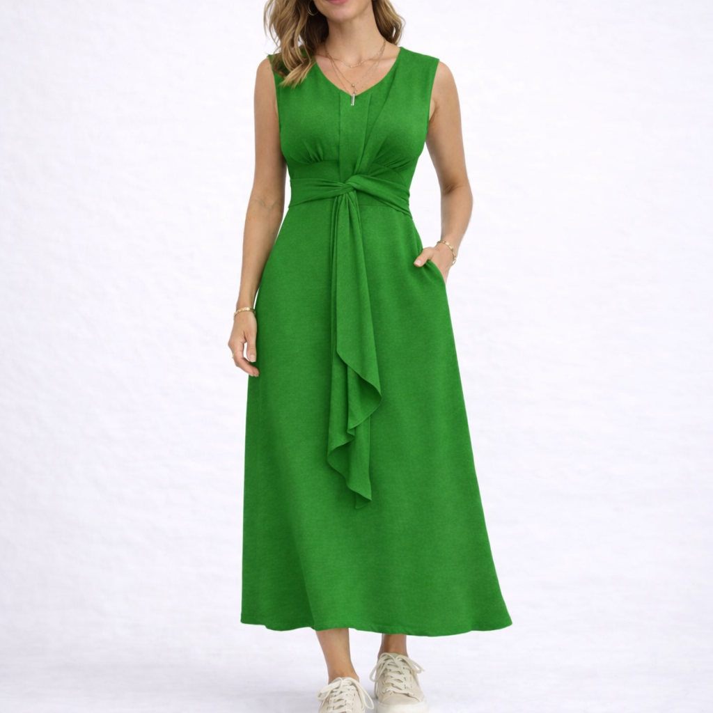 Ärmelloses Maxikleid für Damen mit gedrehtem Taillenband, drapiertem Frontknoten und schmeichelhaftem V-Ausschnitt