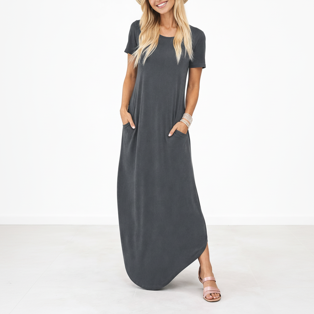 Robe maxi rayée décontractée pour femme avec poches latérales et col rond