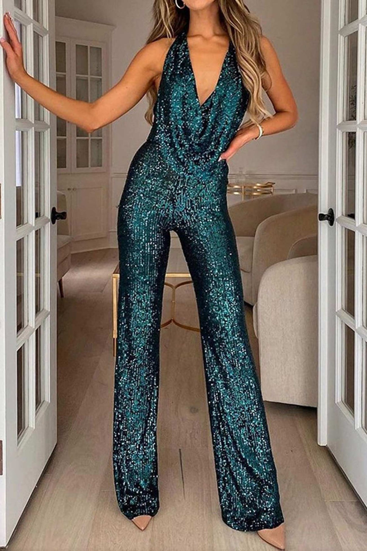 Women's Sequin Halter Jumpsuit with Draped Neckline for Evening Occasions