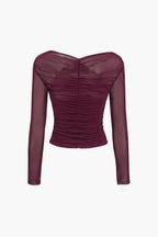 Women's Ruched Mesh Long Sleeve Top for Elegant Evening Styling