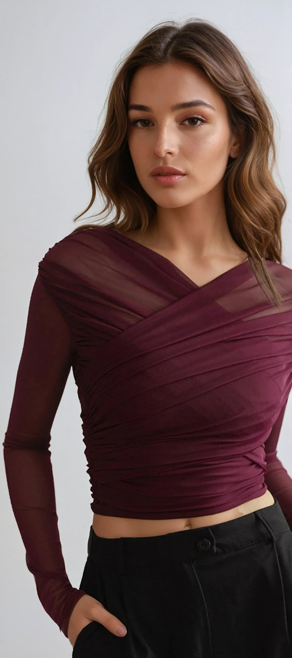 Women's Ruched Mesh Long Sleeve Top for Elegant Evening Styling