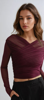 Women's Ruched Mesh Long Sleeve Top for Elegant Evening Styling