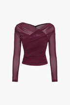 Women's Ruched Mesh Long Sleeve Top for Elegant Evening Styling