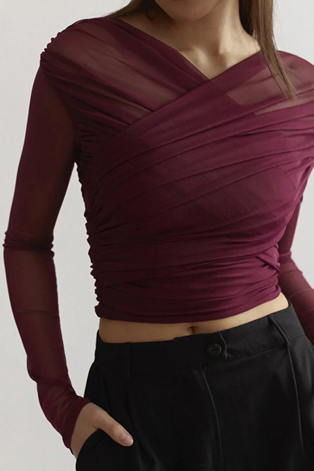 Women's Ruched Mesh Long Sleeve Top for Elegant Evening Styling