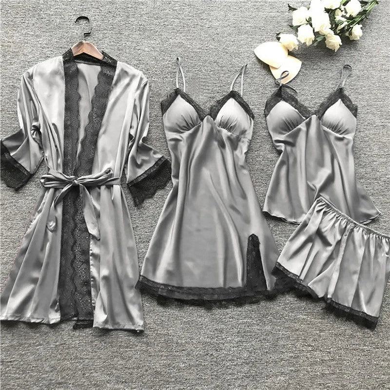Conjunto de pijama de satén para mujer con ribete de encaje