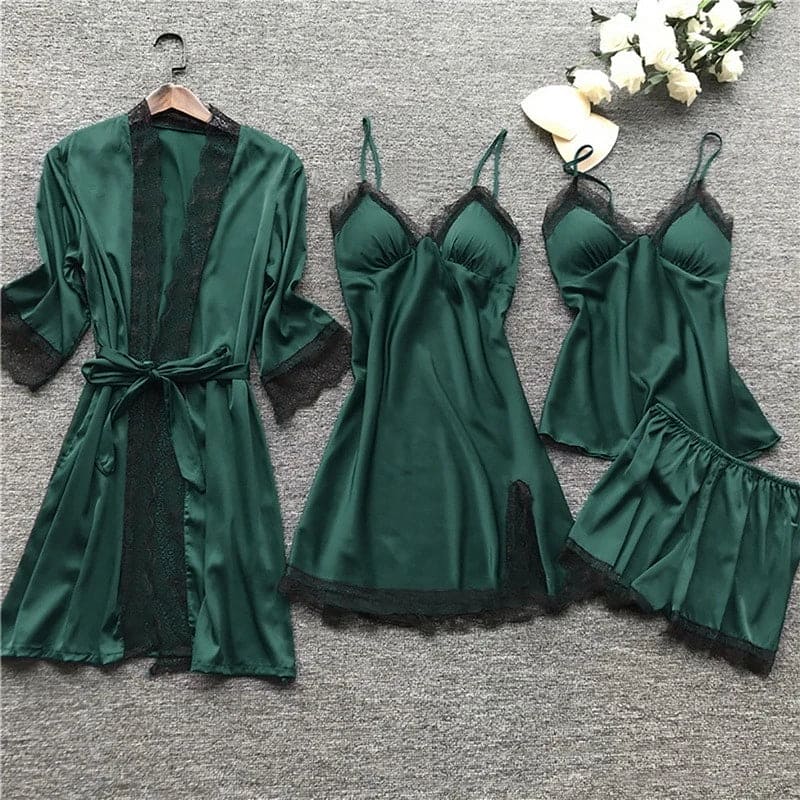 Conjunto de pijama de satén para mujer con ribete de encaje