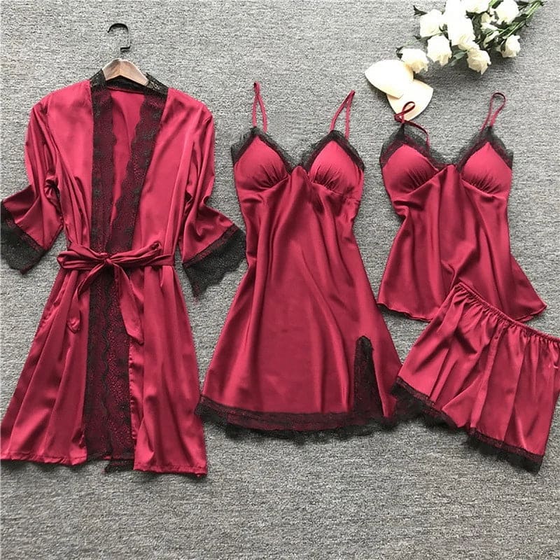 Conjunto de pijama de satén para mujer con ribete de encaje