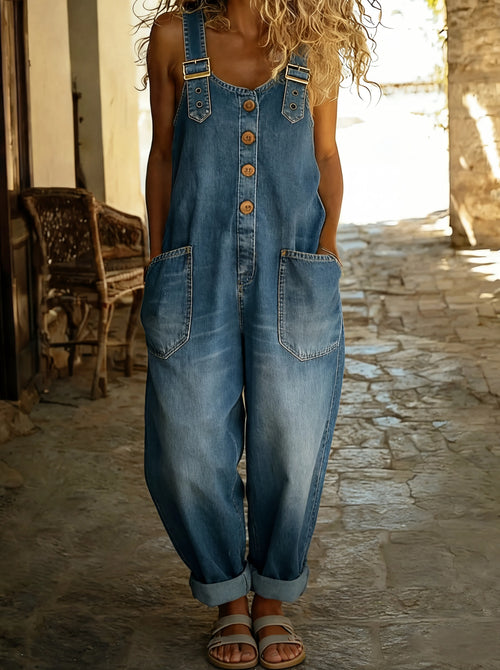 Tuta salopette in denim da donna con spalline regolabili e tasche frontali