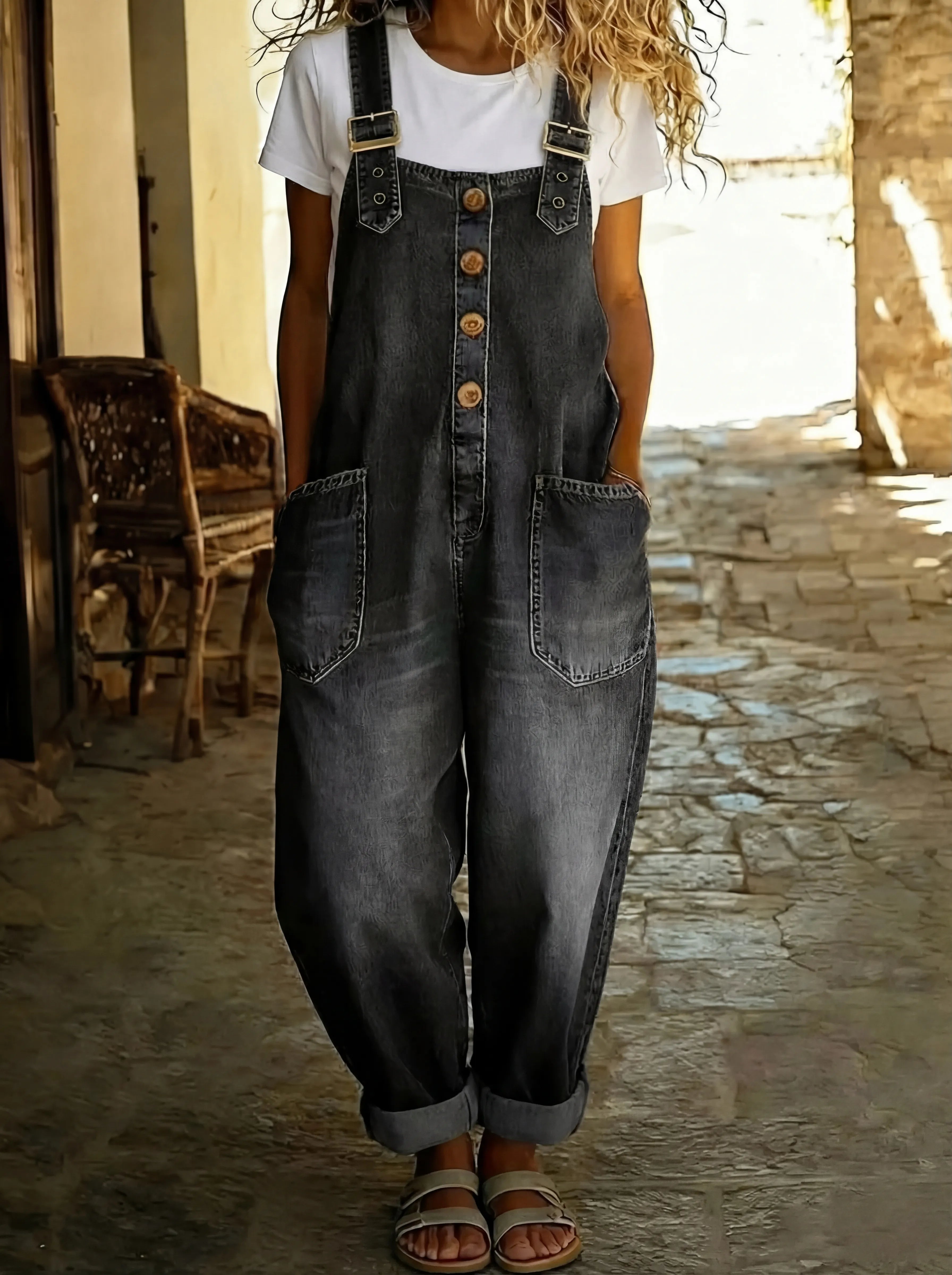 Women's Denim Dungaree Jumpsuit with Adjustable Straps and Front Pockets