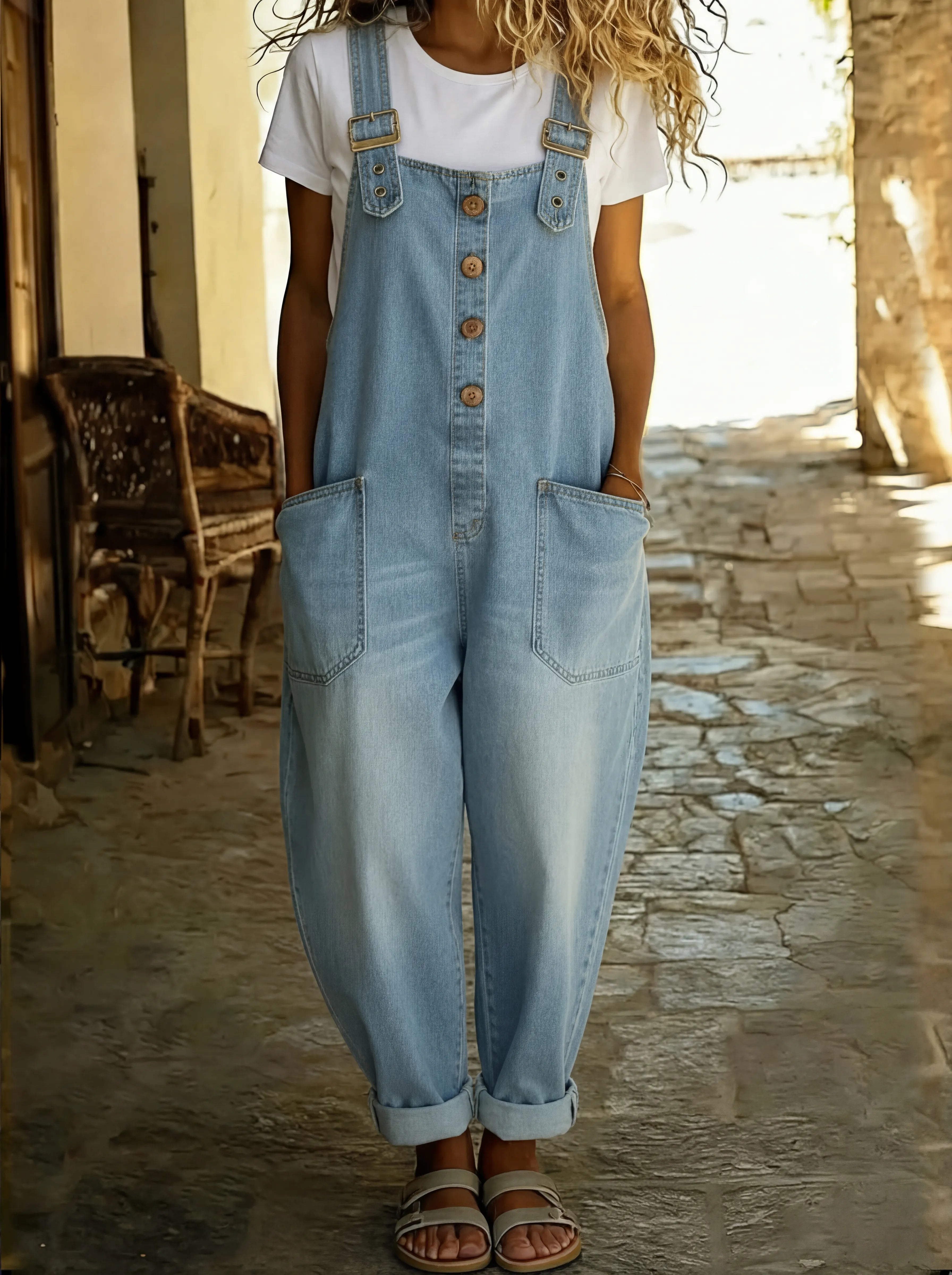 Women's Denim Dungaree Jumpsuit with Adjustable Straps and Front Pockets