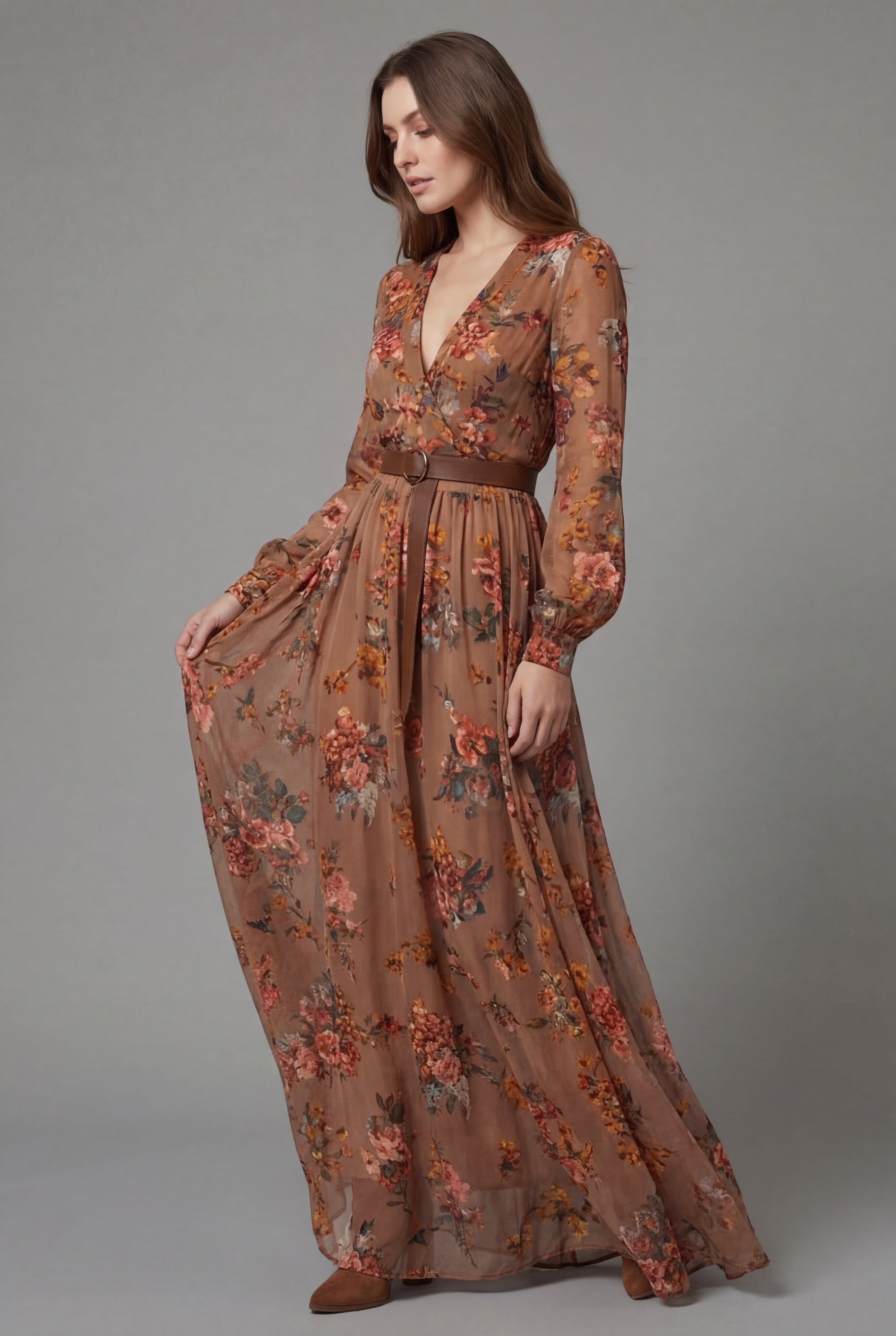 Damen Vintage Blumen Chiffon Maxikleid mit V-Ausschnitt, langen Bischofsärmeln, Taillengürtel und fließender Silhouette
