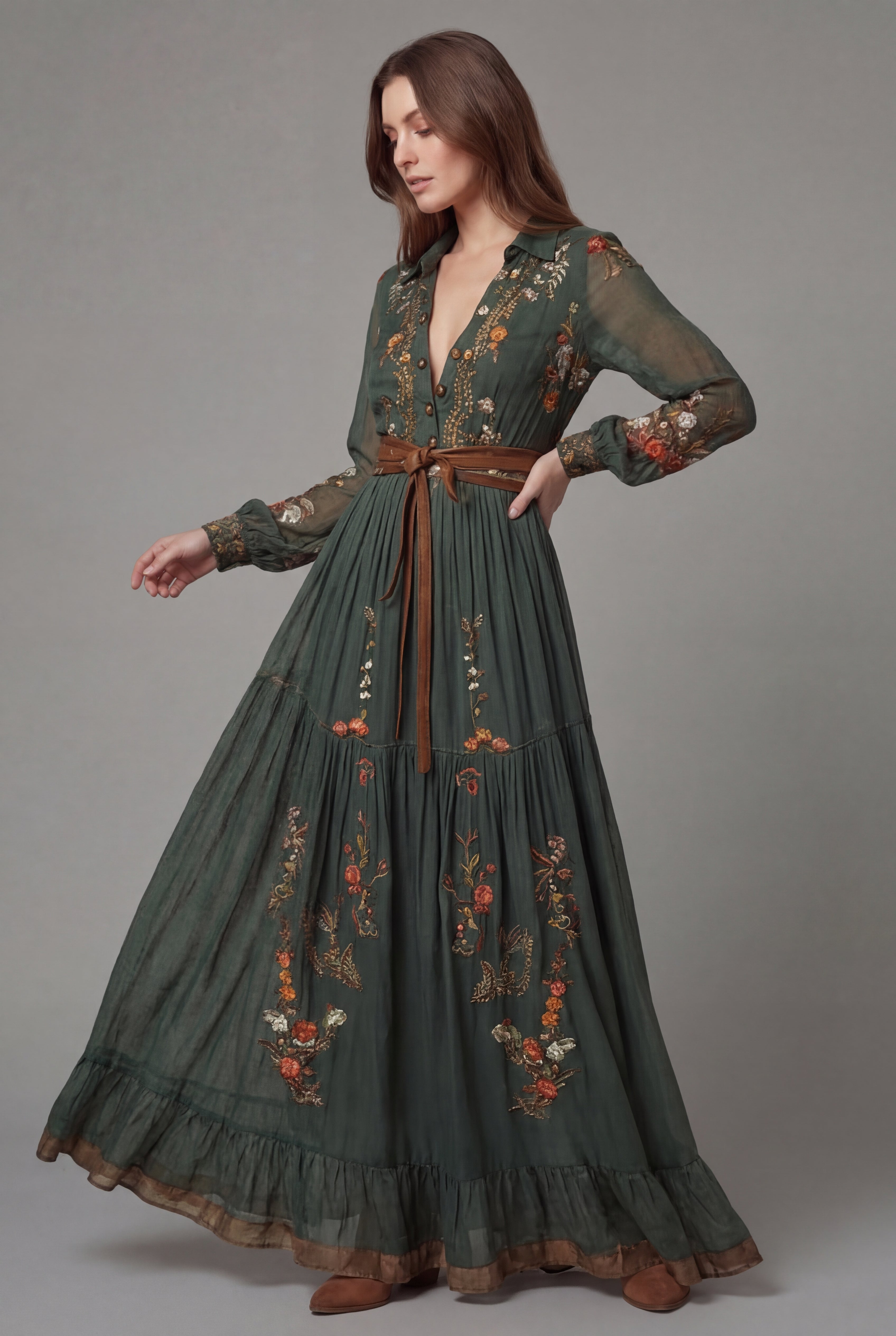 Damen Vintage Blumen Chiffon Maxikleid mit V-Ausschnitt, langen Bischofsärmeln, Taillengürtel und fließender Silhouette
