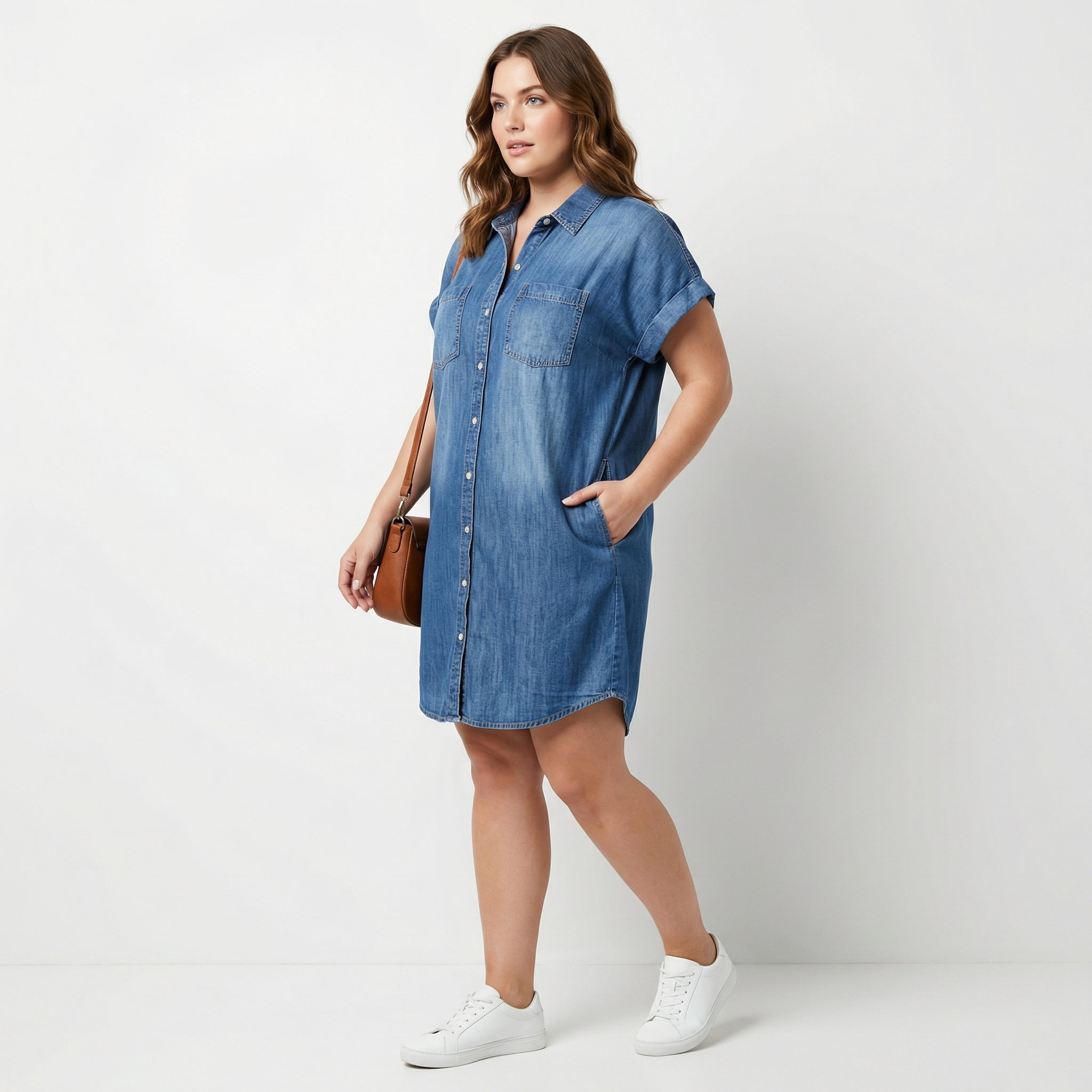 Women’s Short Denim Shirt Dress with Short Sleeves