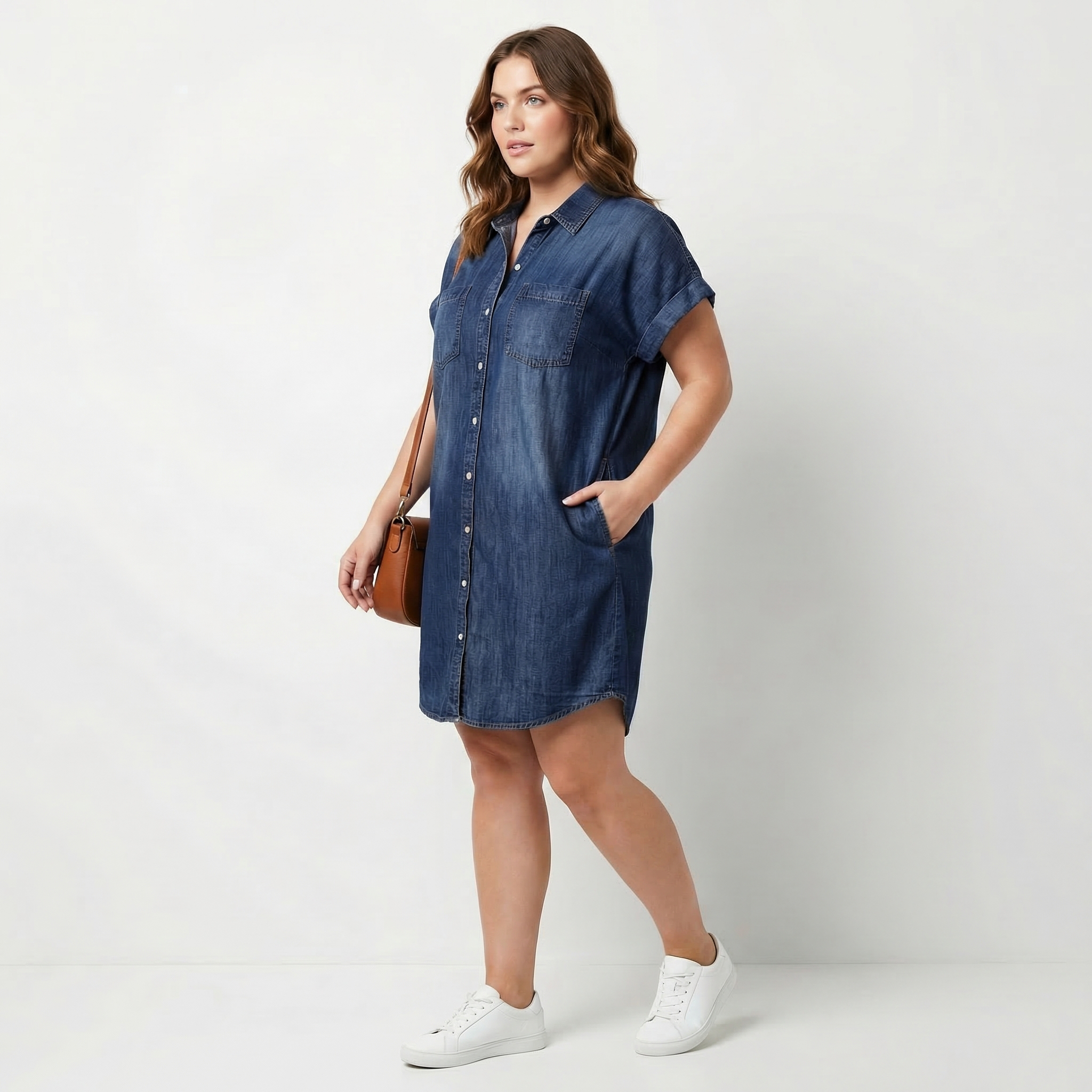 Women’s Short Denim Shirt Dress with Short Sleeves