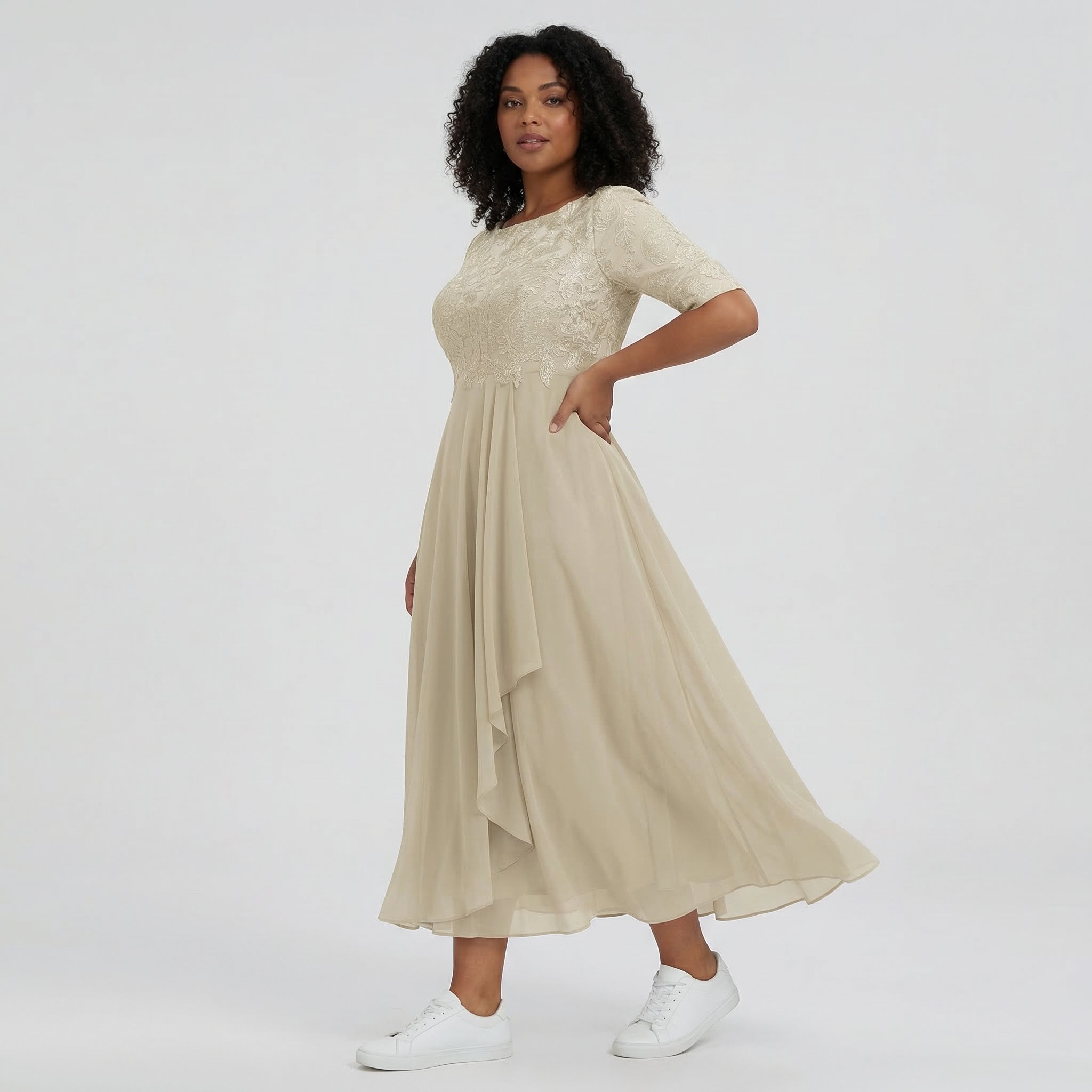 Women’s Mid-Length Lace Dress with Half Sleeves