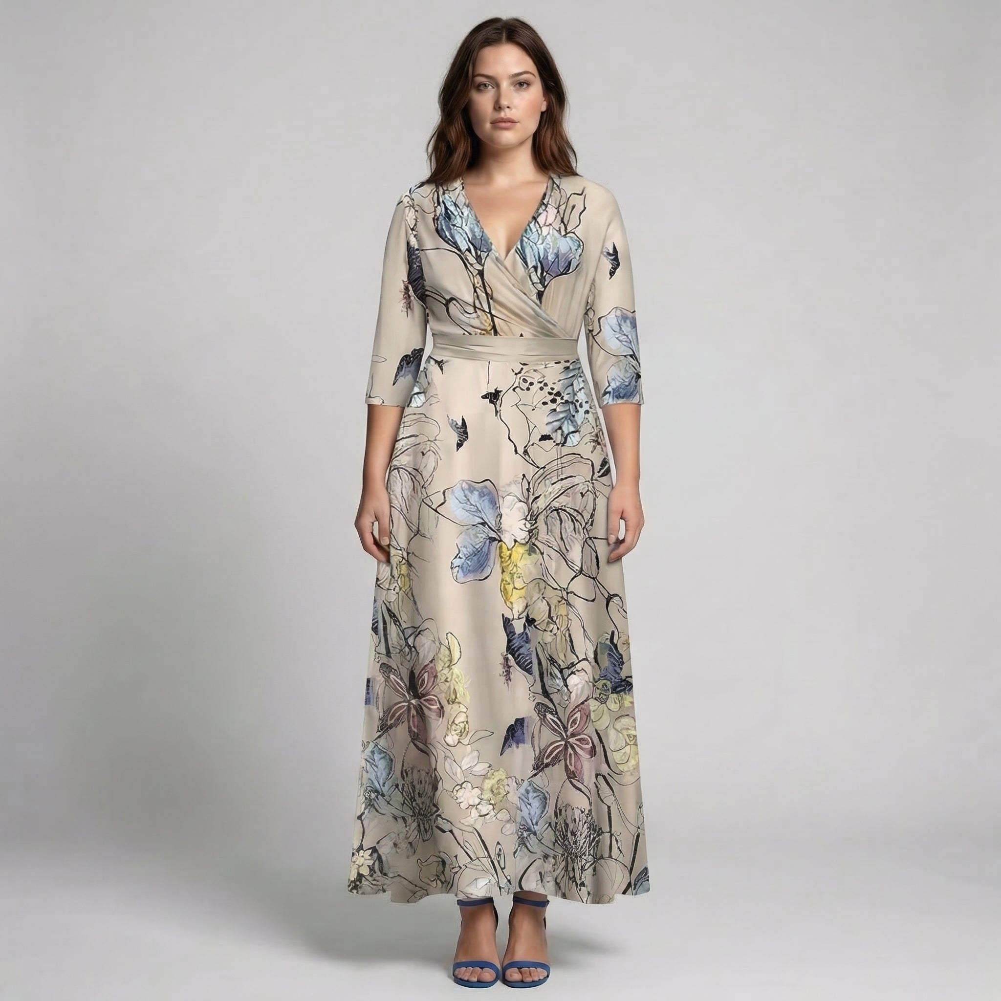 Women’s Long V-Neck Long Sleeve Floral Print Dress
