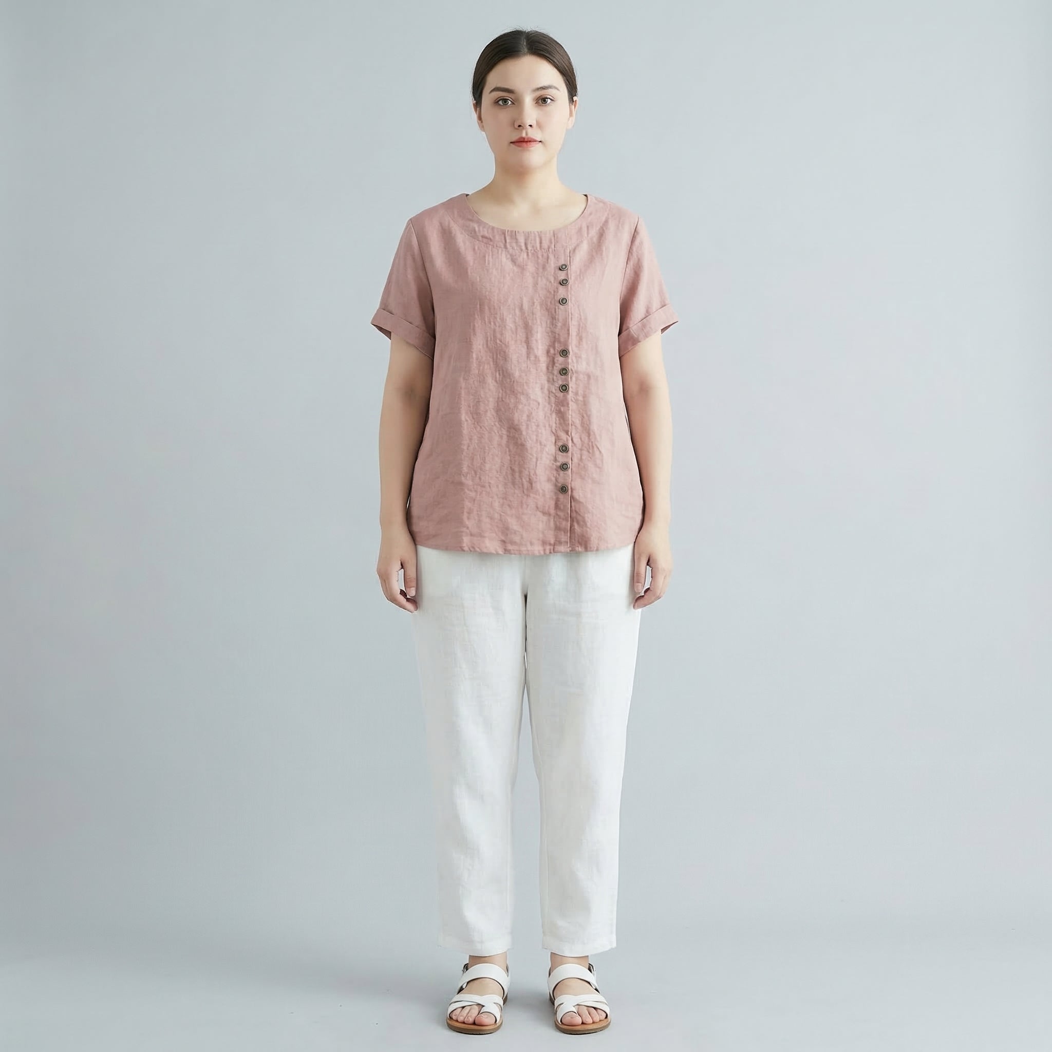 Women’s Oversized Linen Round Neck Short Sleeve Top