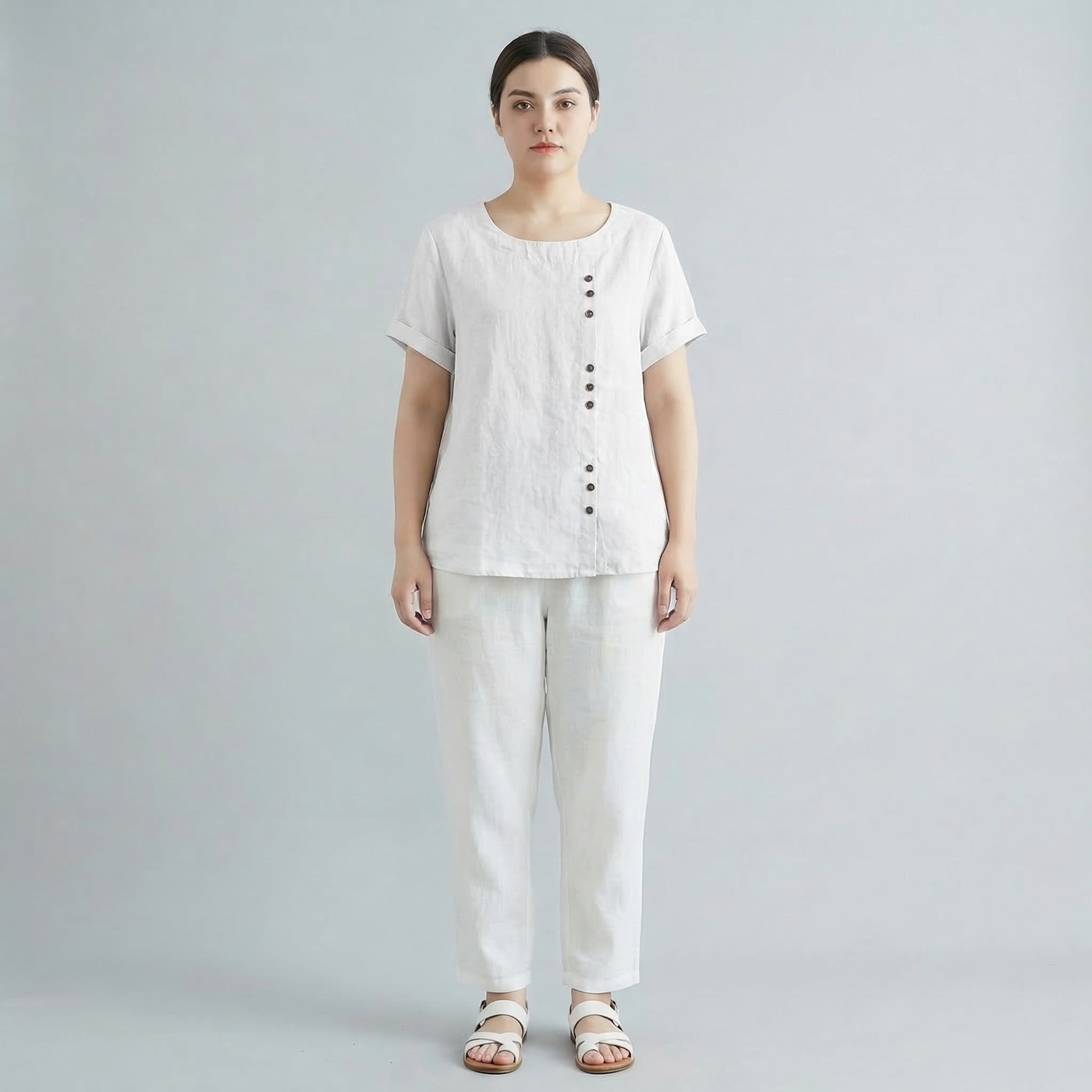 Women’s Oversized Linen Round Neck Short Sleeve Top