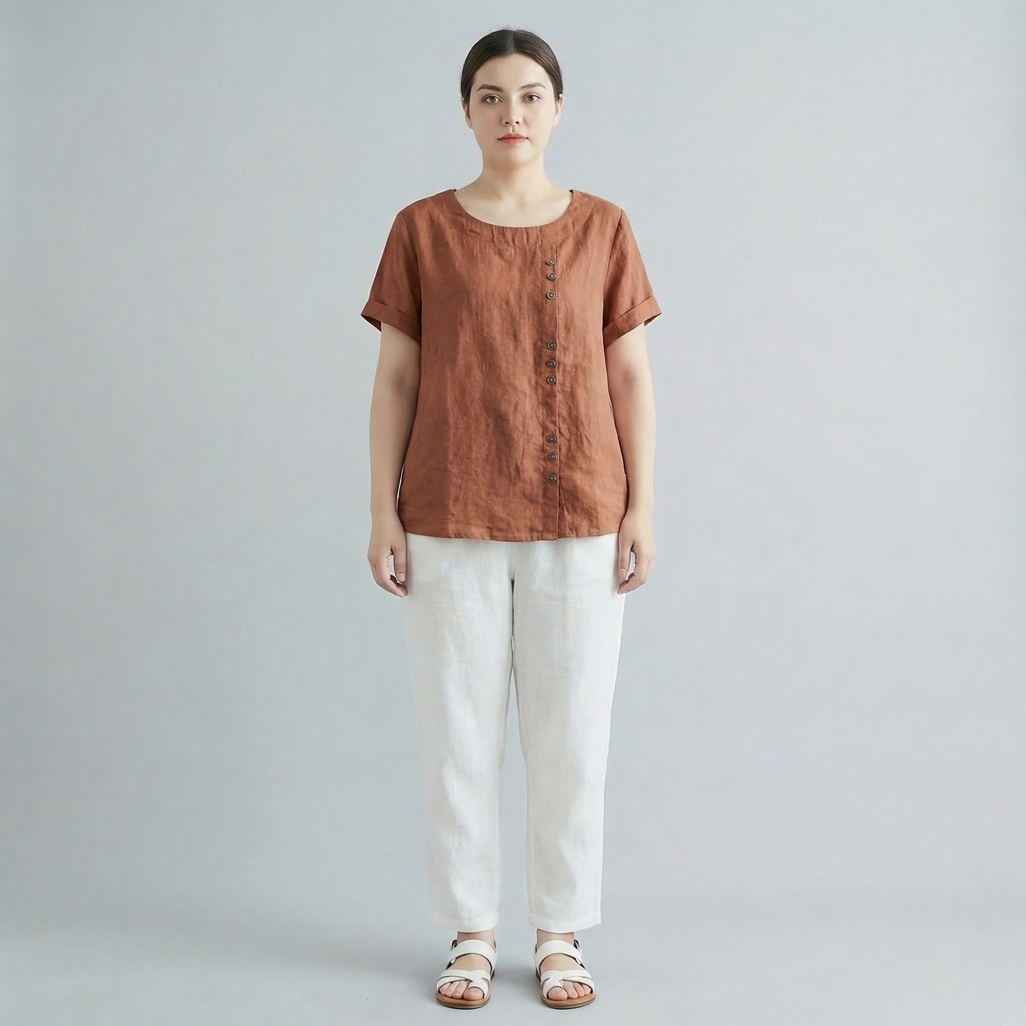 Women’s Oversized Linen Round Neck Short Sleeve Top