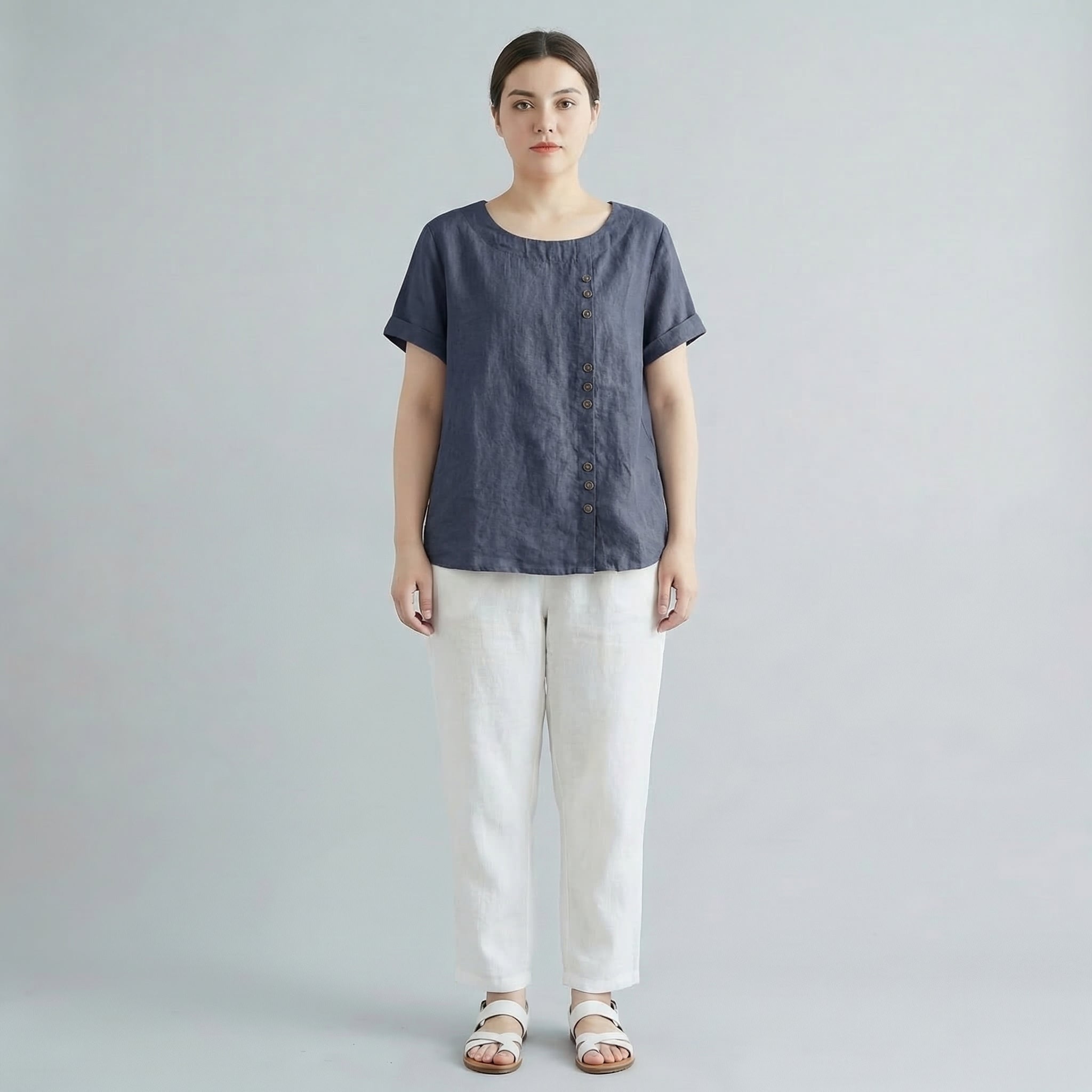 Women’s Oversized Linen Round Neck Short Sleeve Top